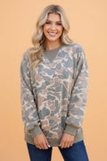 Camo Ribbed Trim Crew Neck Pullover Sweatshirt