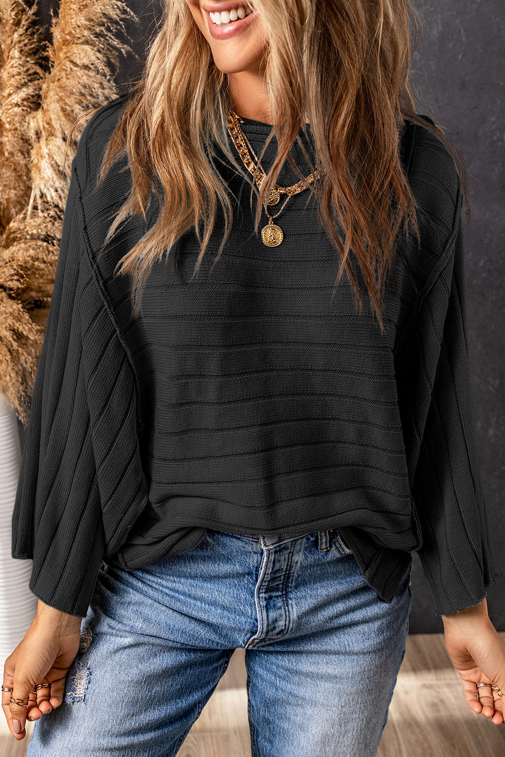Ribbed Knit Reverse Seam 3/4 Sleeve Sweater