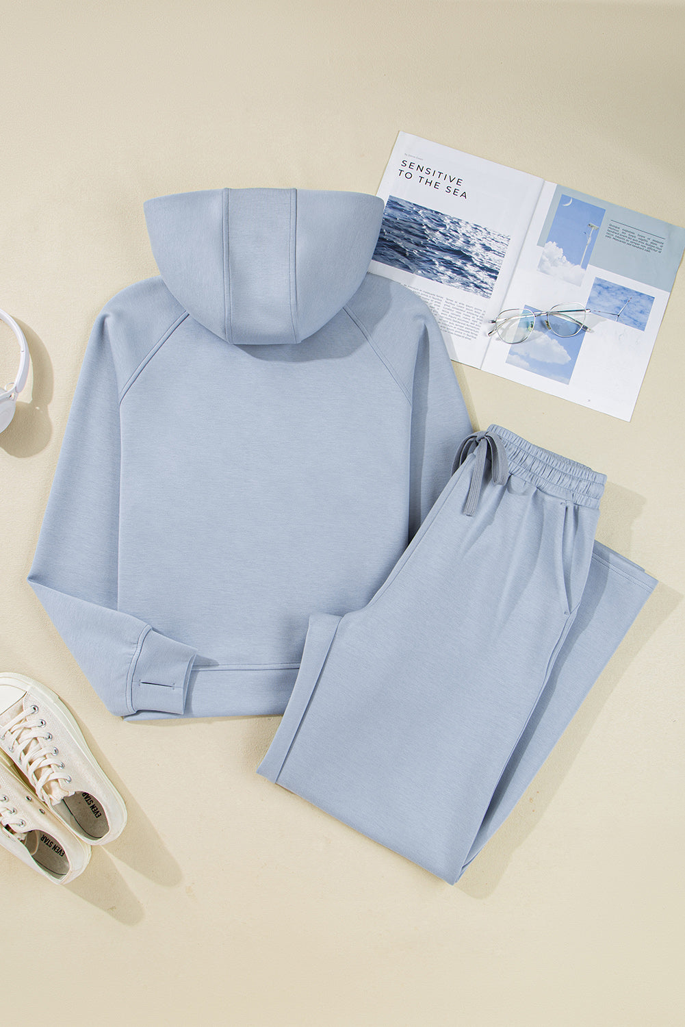 Solid Half-Zip Hoodie and Pants Set