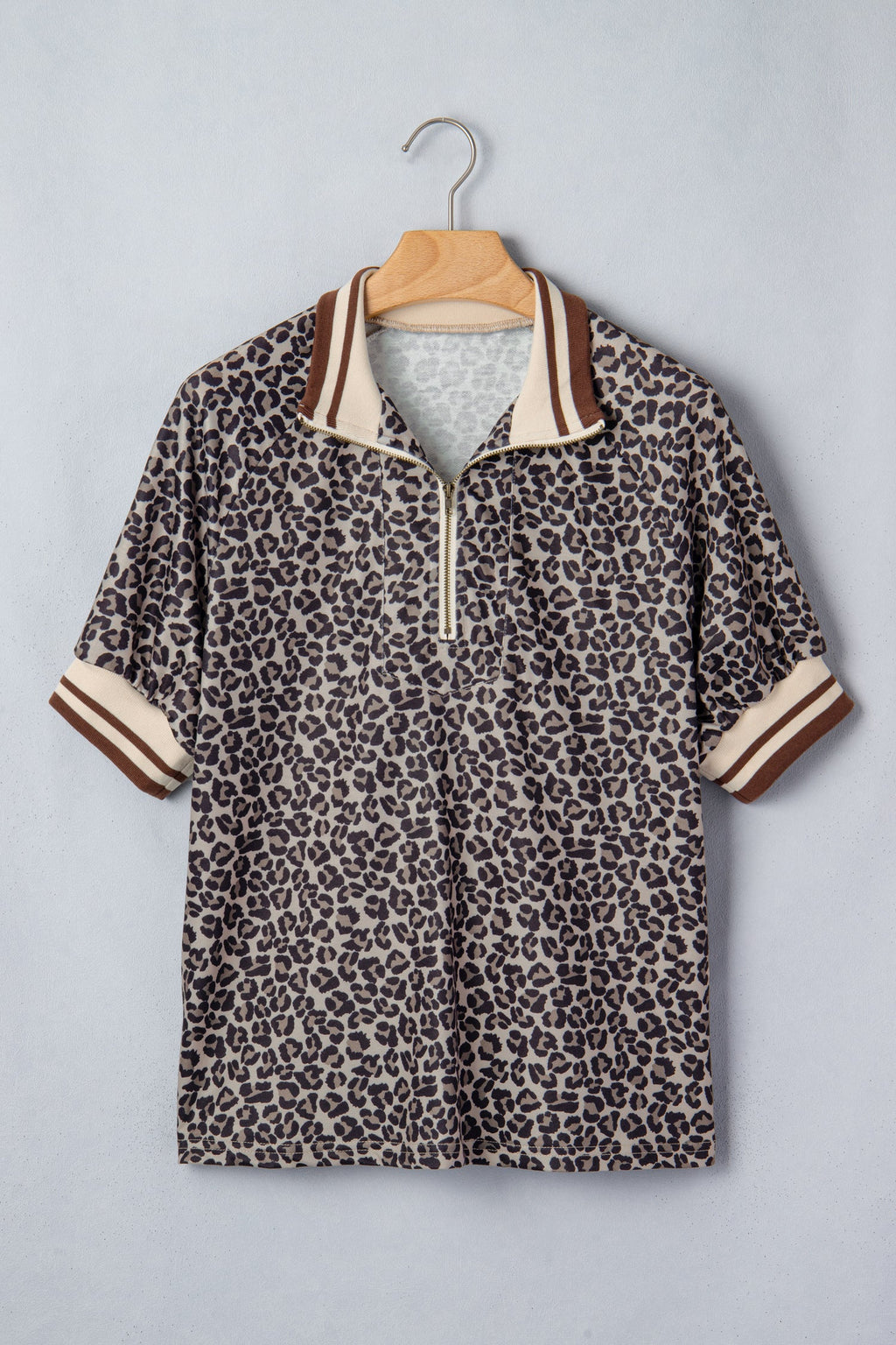 Leopard Half Zip Stripe Trim Short Sleeve Top