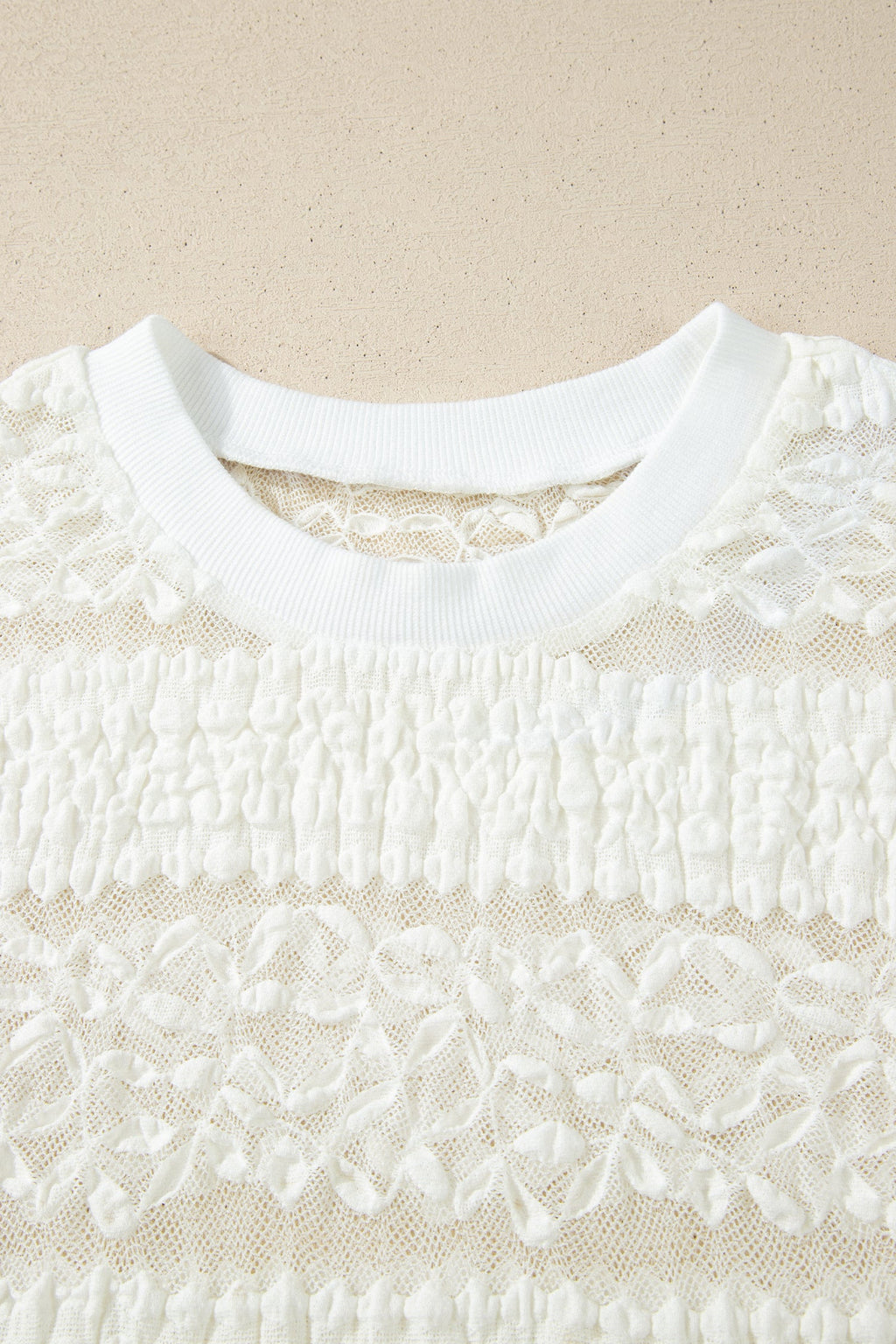 Sheer Lace Textured Patchwork Short Sleeve Top