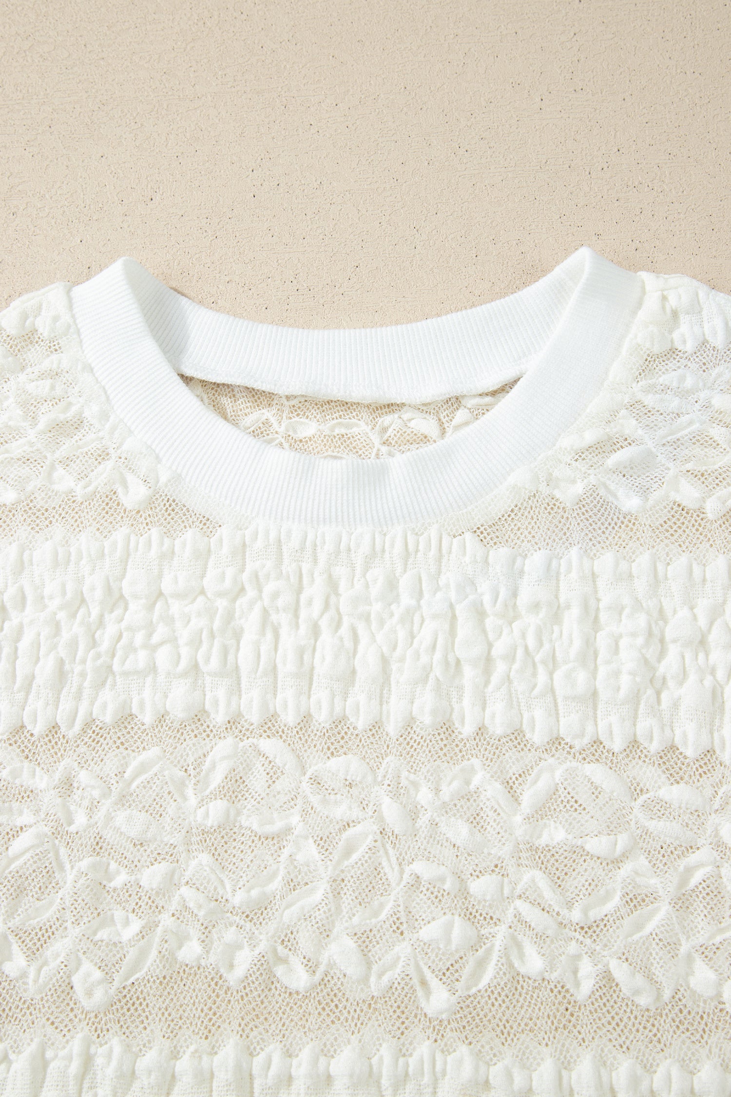 Sheer Lace Textured Patchwork Short Sleeve Top