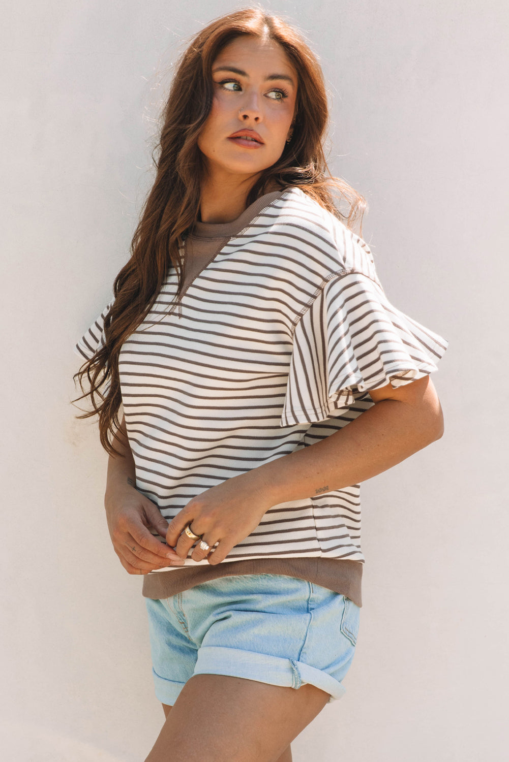 Stripe Contrast Detail Ruffle Short Sleeve Top