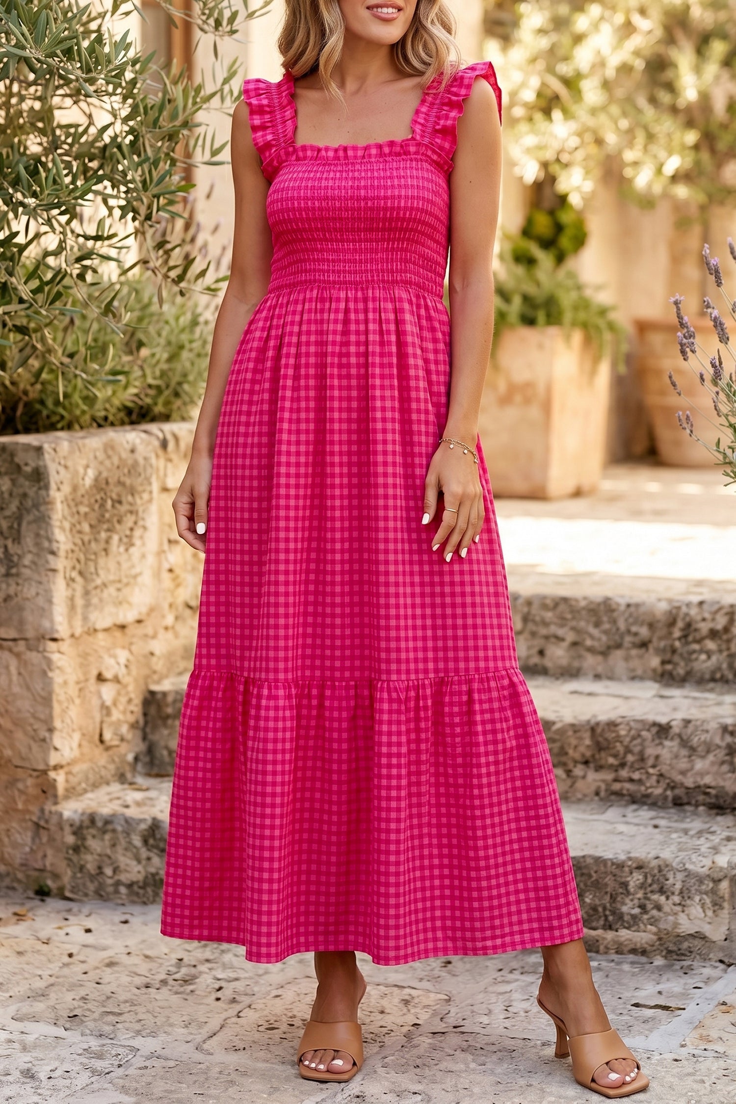 Gingham Plaid Smocked Square Neck Sundress