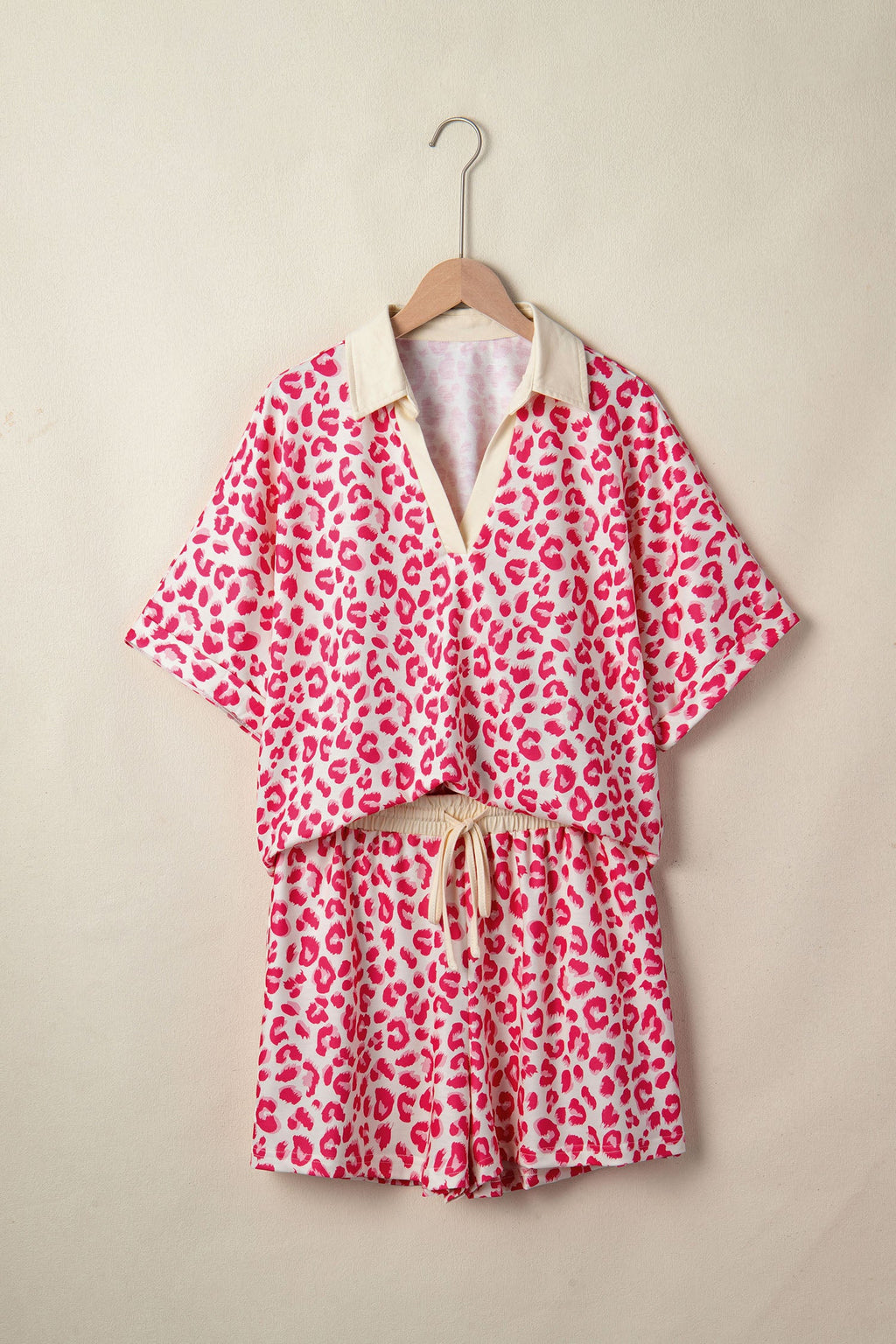 Leopard Collared V-Neck Top & Shorts Set