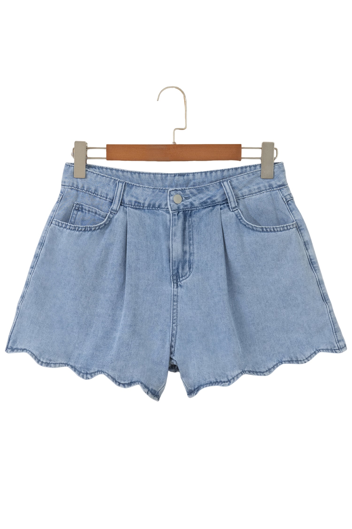 Solid Denim Scalloped Trim High Waist Shorts