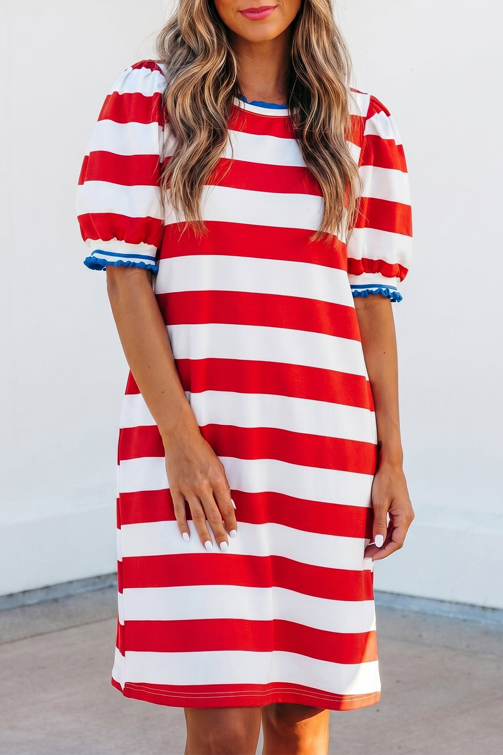 Americana Stripe Contrast Trim Puff Sleeve Dress