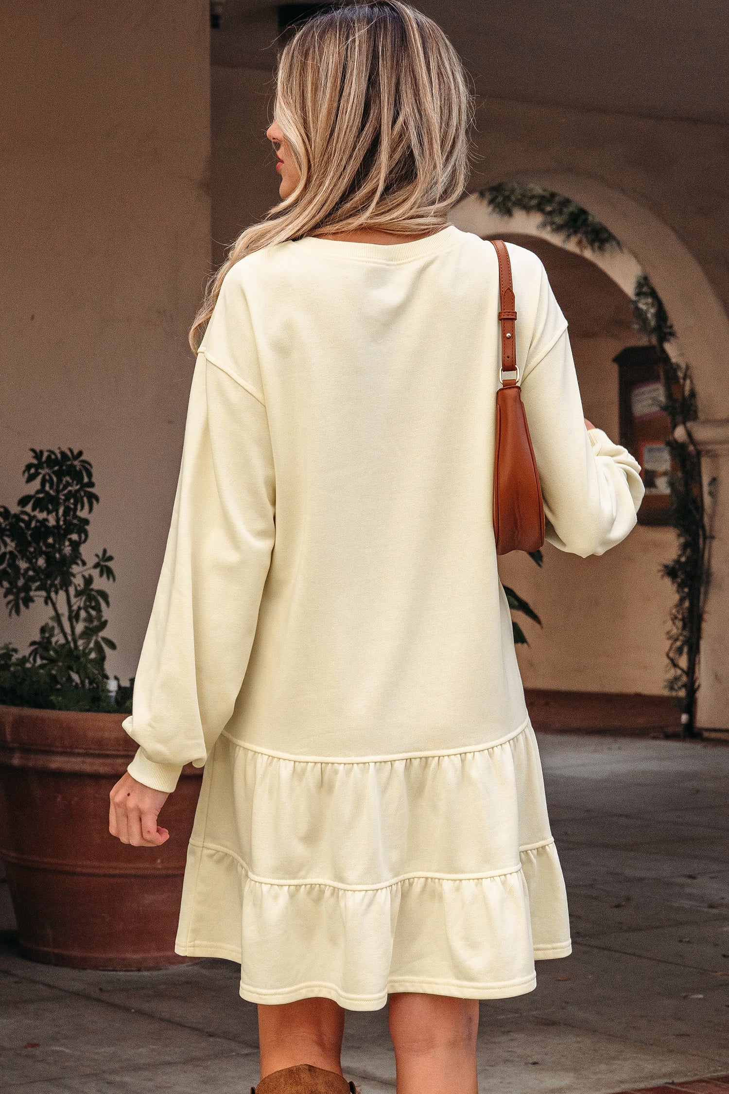Solid Tiered Ruffle Hem Long Sleeve Dress