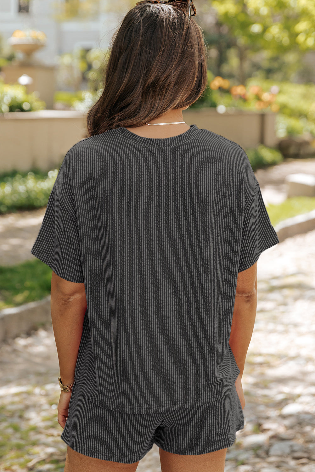 Solid Corded Short Sleeve Tee and Shorts Set