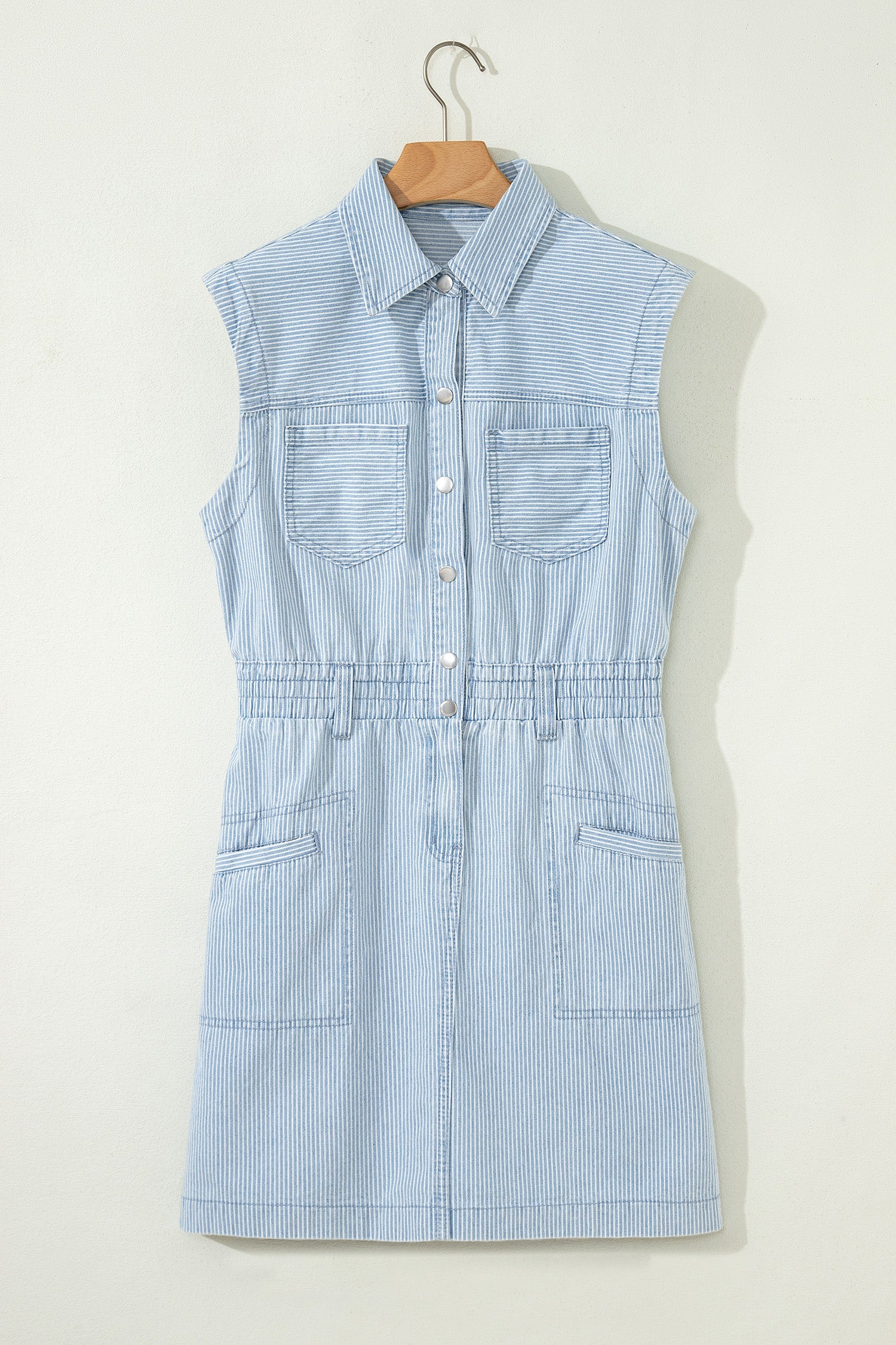 Stripe Denim Collared Button-Front Sleeveless Dress