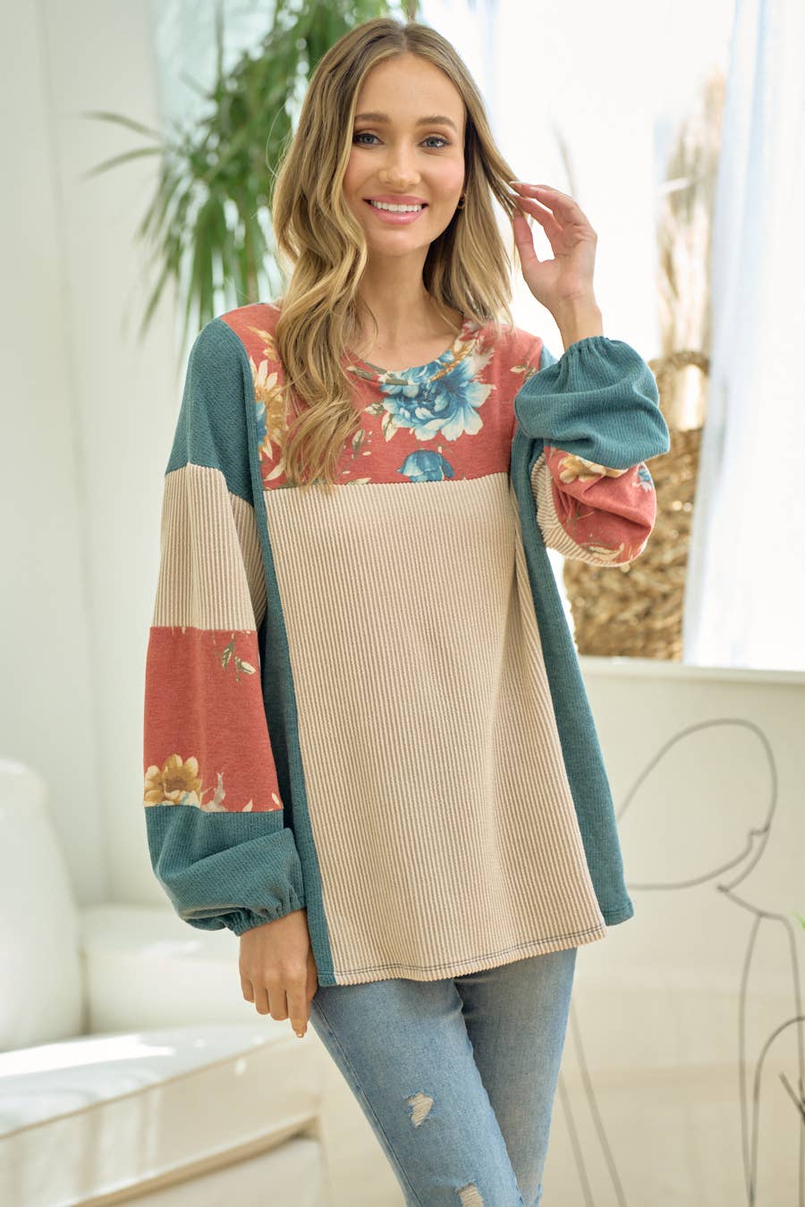 LMT3492-F-Like the very first-time floral top: RUST/TEAL / XL