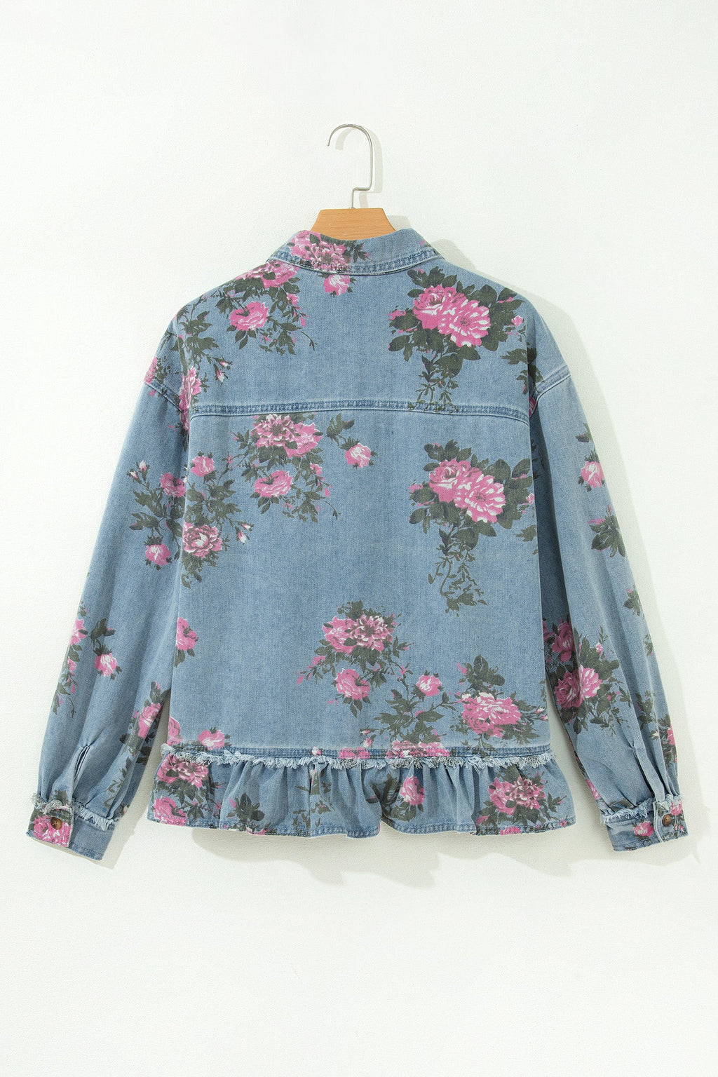 Floral Denim Raw Seam Ruffle Hem Jacket