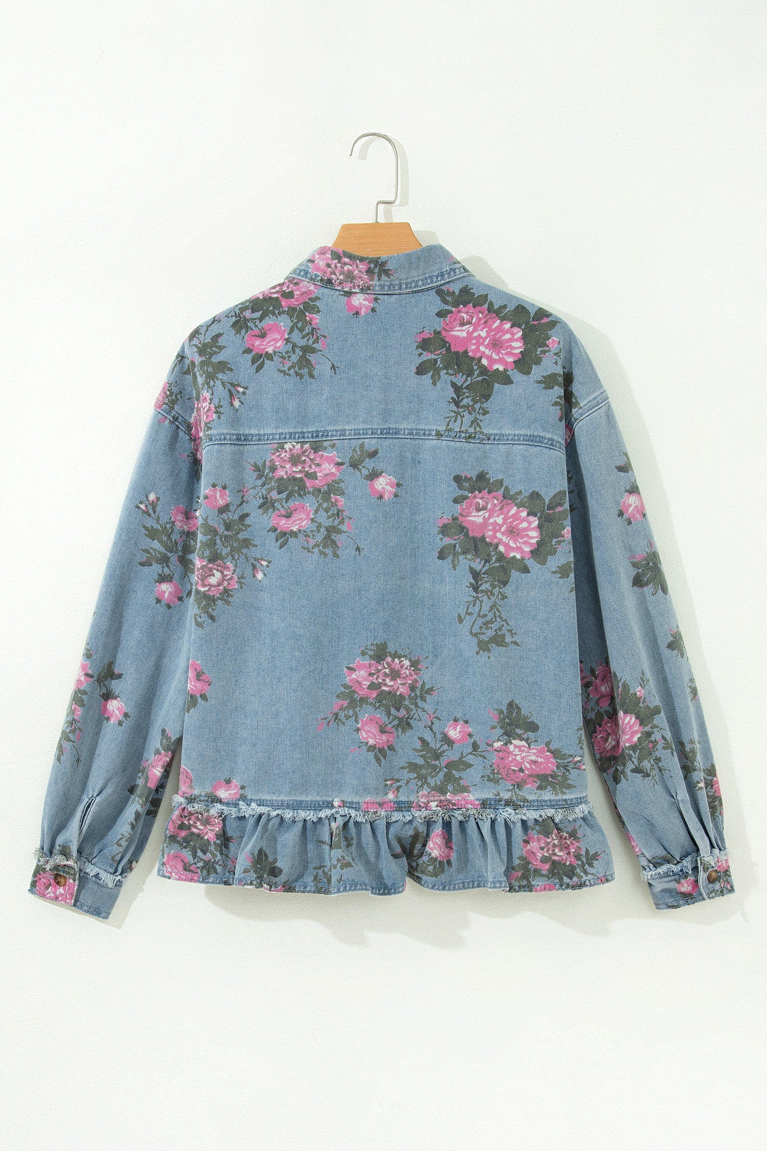 Floral Denim Raw Seam Ruffle Hem Jacket