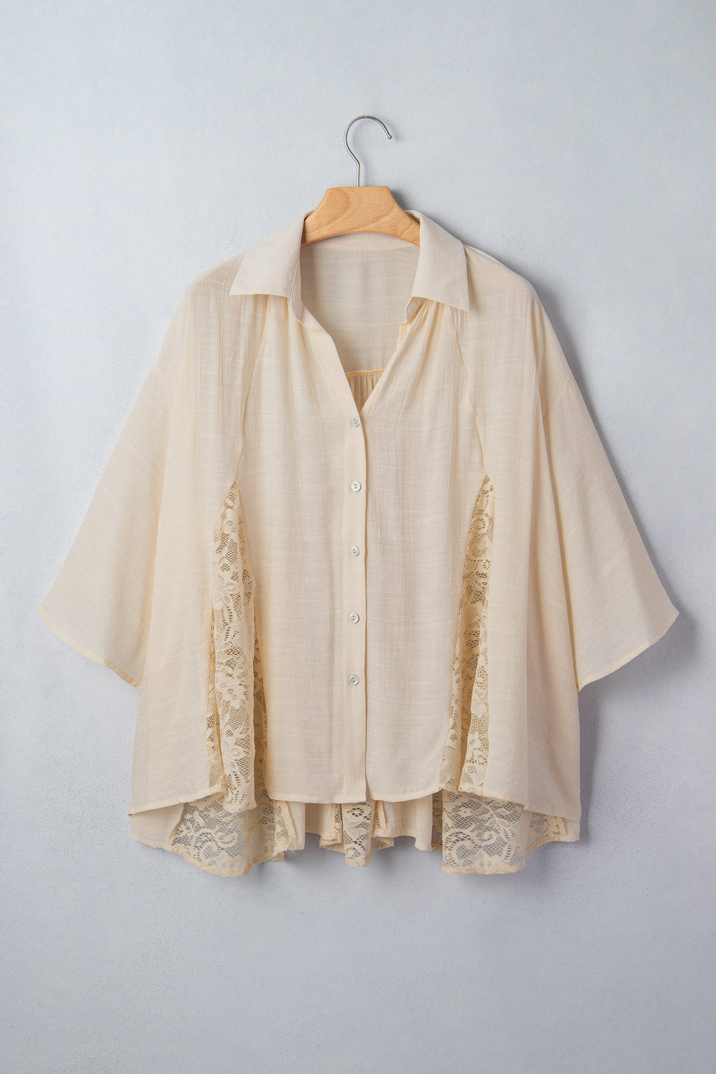 Sheer Lace Patchwork 3/4 Sleeve Flowy Shirt
