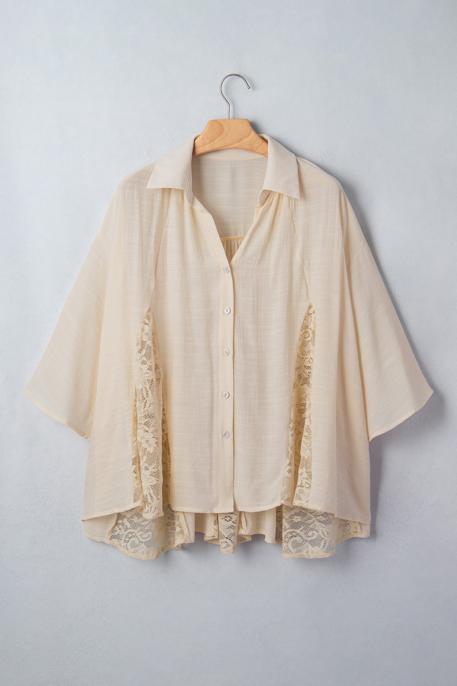 Sheer Lace Patchwork 3/4 Sleeve Flowy Shirt
