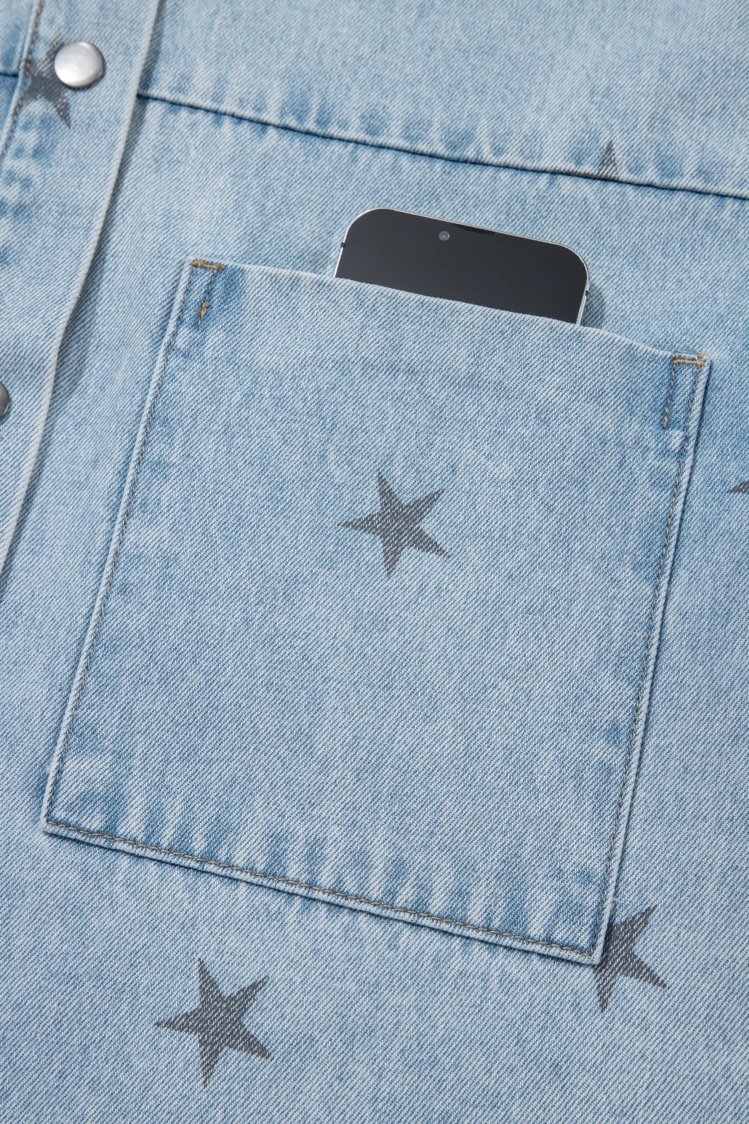 Star Denim Chest Pockets Long Sleeve Shacket