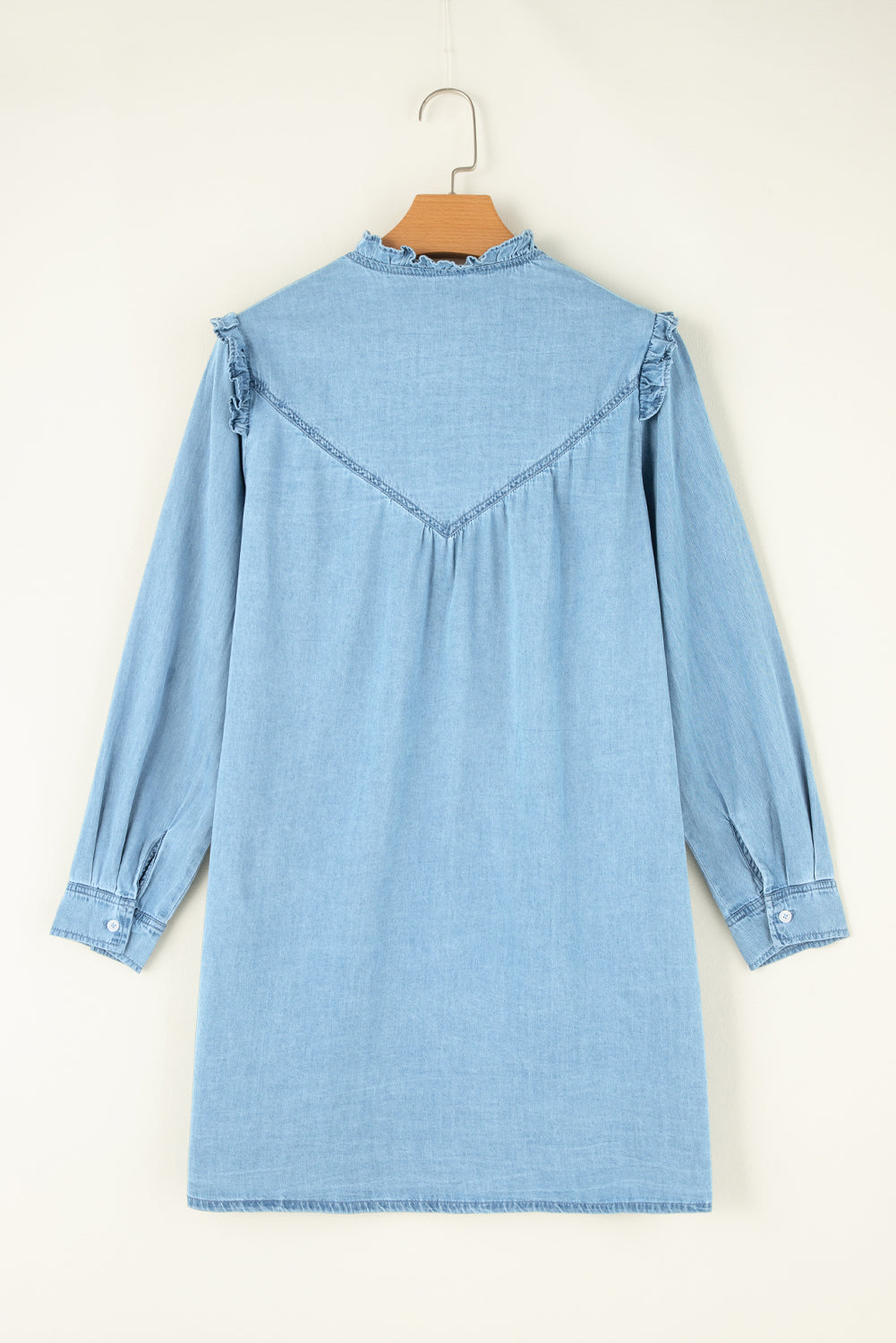 Denim Ruffle V-Neck Buttoned Mini Dress