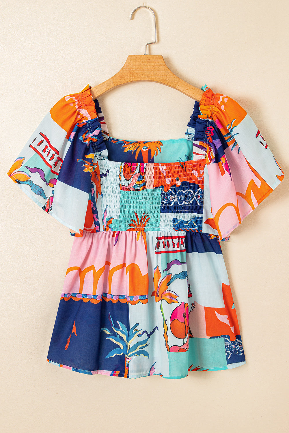 Tropical Square Neck Flutter Sleeve Babydoll Blouse