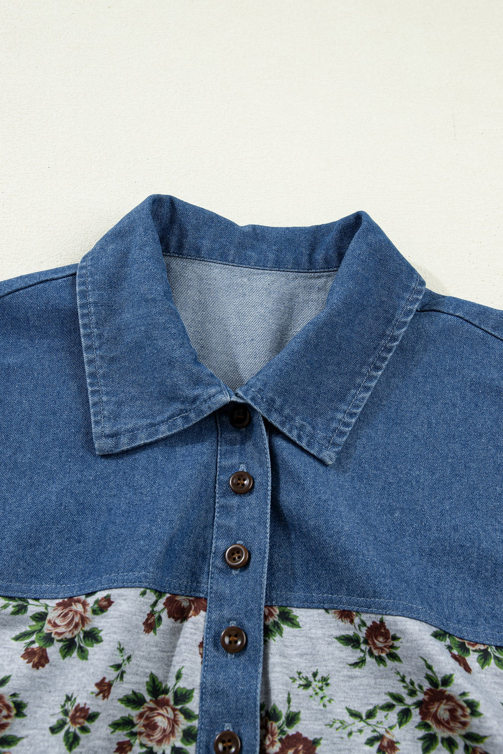 Floral Retro Denim Patchwork Buttoned Collar Top