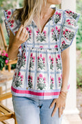 Floral Flutter Sleeve Split V-Neck Top