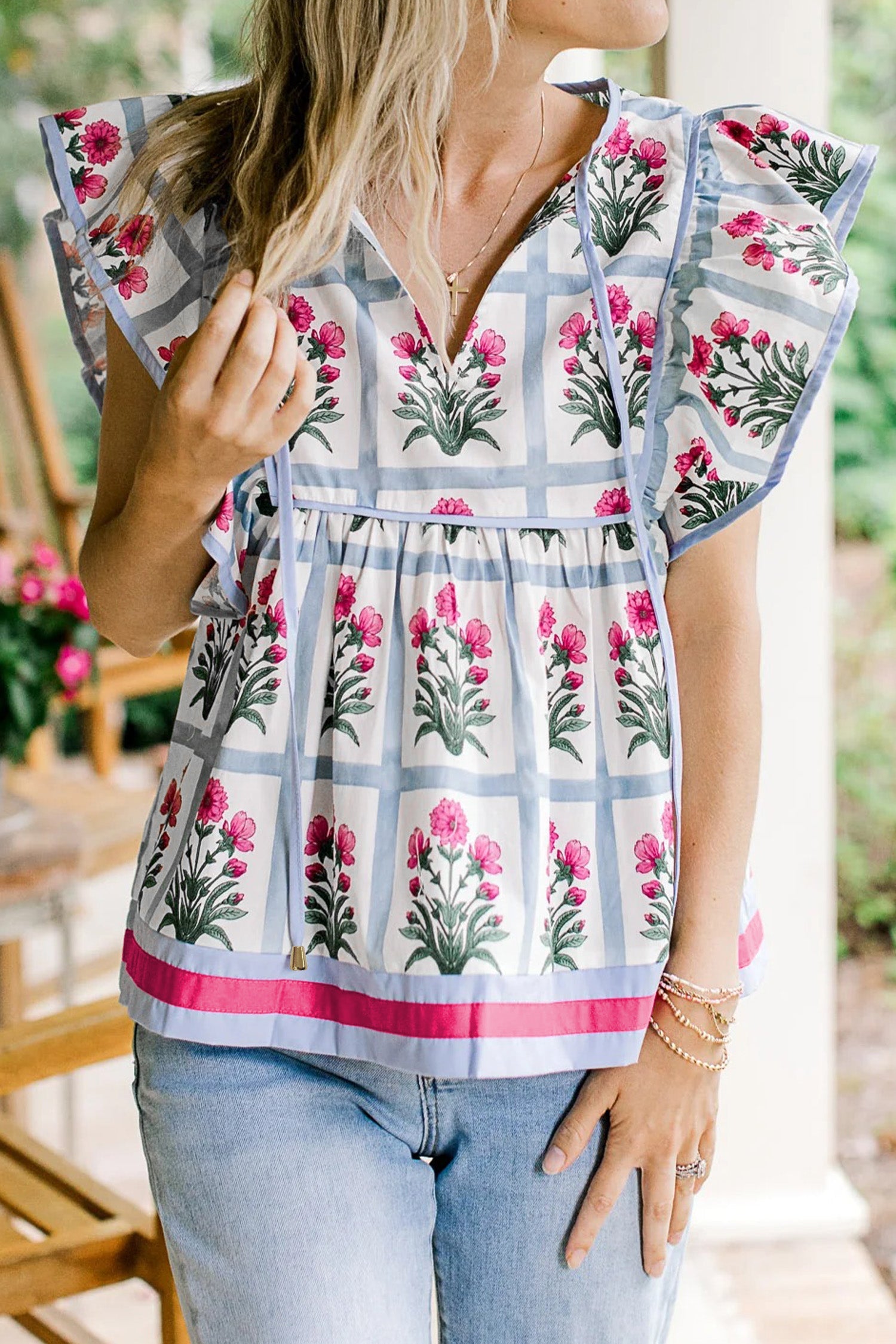 Floral Flutter Sleeve Split V-Neck Top
