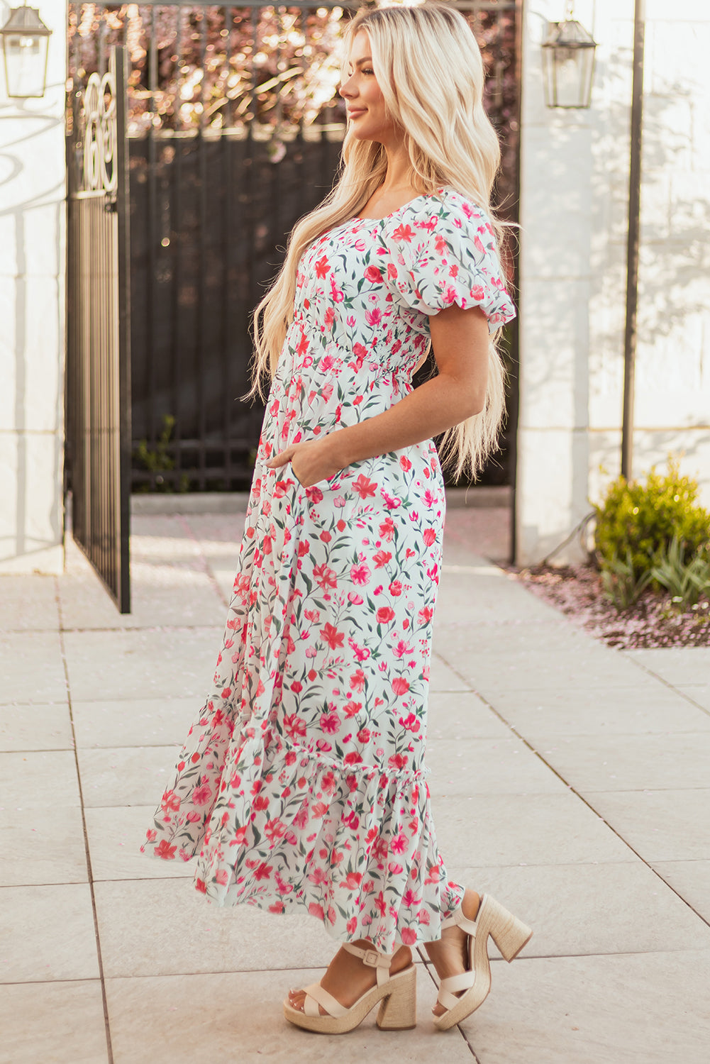 Floral Puff Sleeve Square Neck Tiered Dress