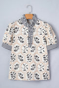 Floral Stripe Patchwork Ruffle Buttoned Short Sleeve Blouse