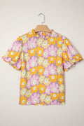 Floral Frilled Neck Puff Short Sleeve Top