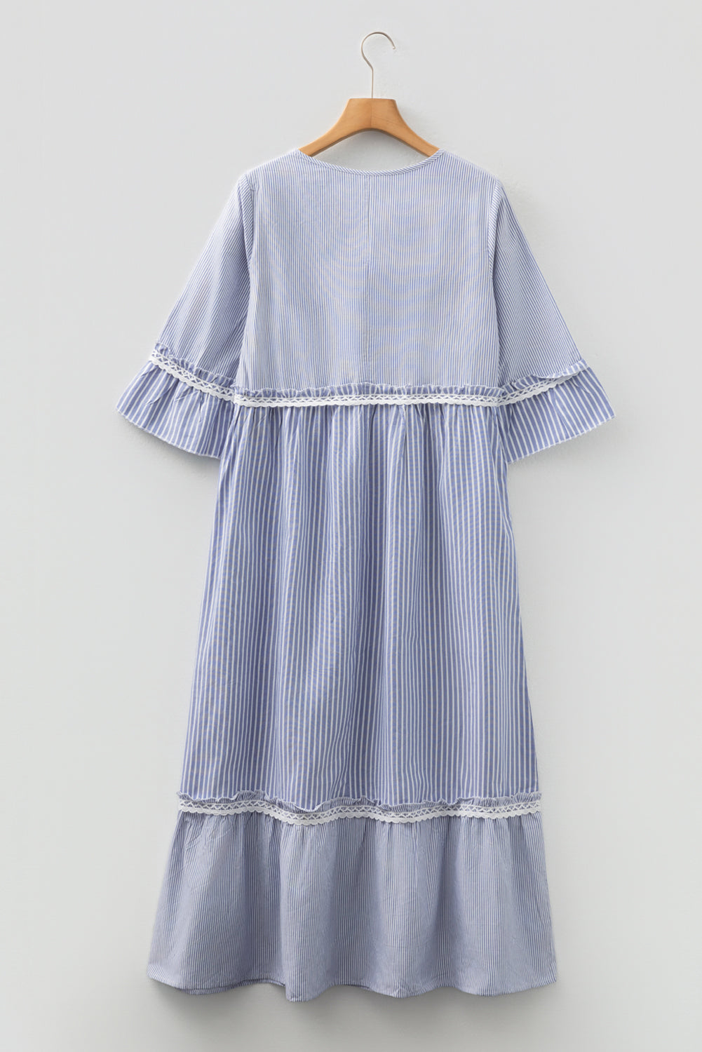Stripe Patchwork Lace Trim 3/4 Sleeve Maxi Dress