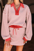 Stripe Collared V-Neck Pullover and Skort Set