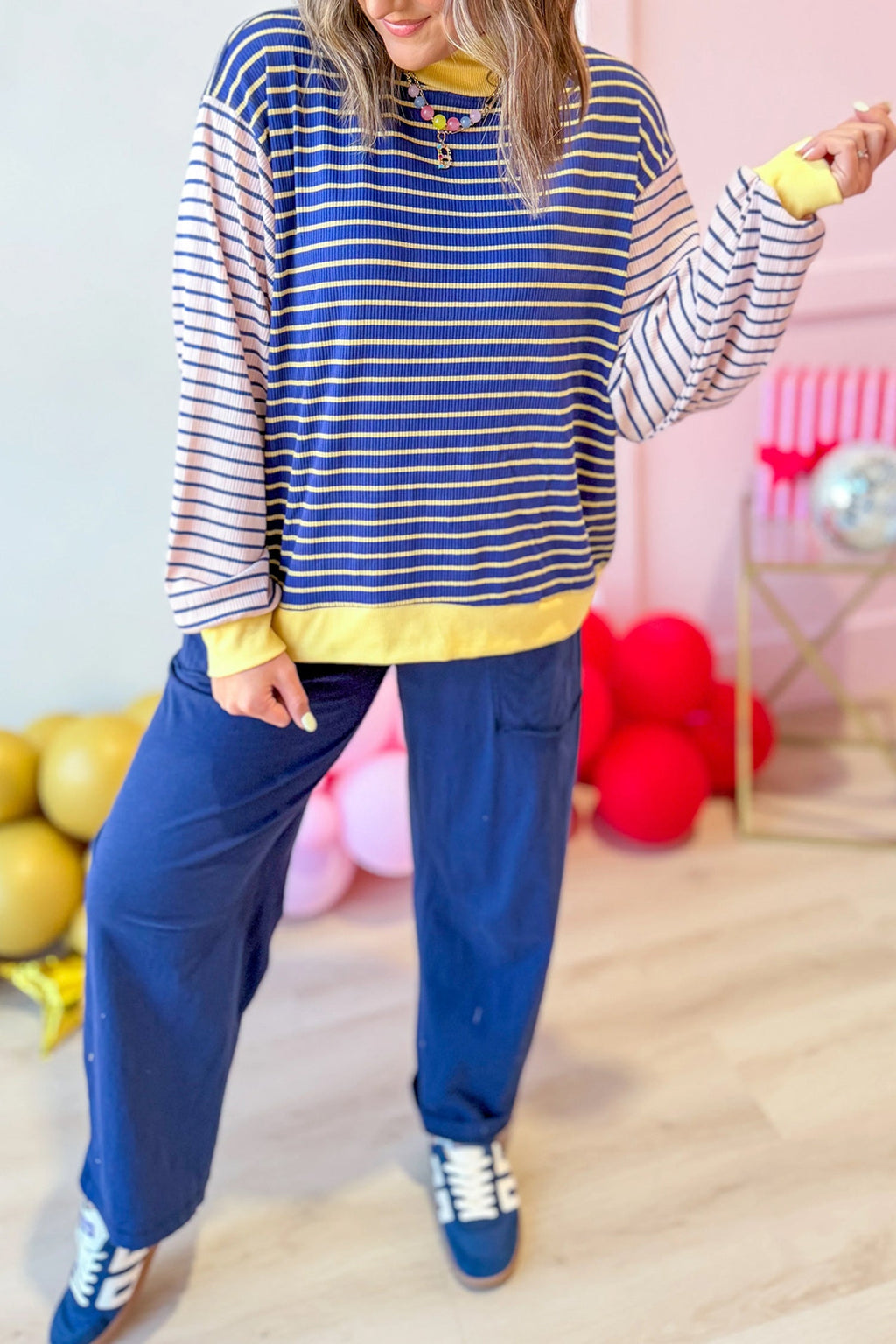 Stripe Colorblock Long Sleeve Crewneck Pullover Top