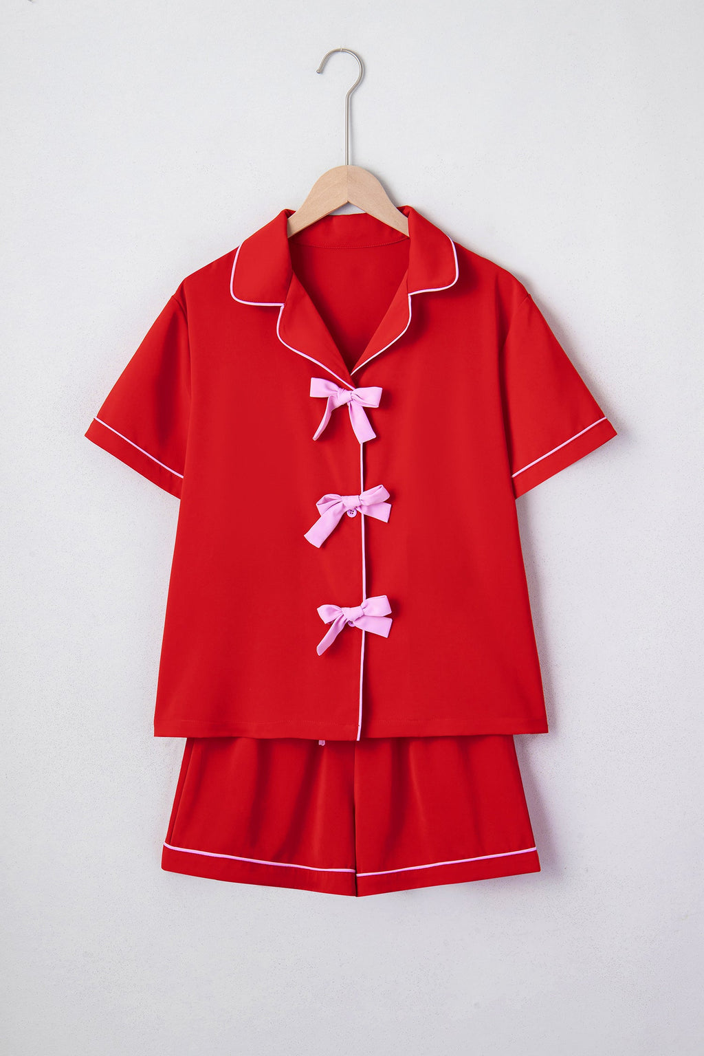 Ribbon Bow Top & Short Silky Pajama Set