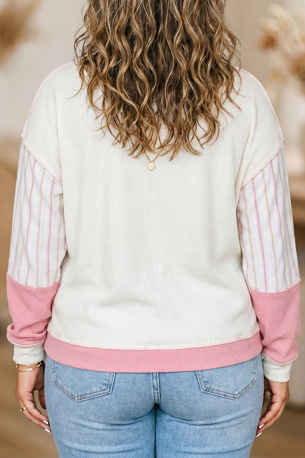 Plus Size Plaid Stripe Patchwork Long Sleeve Blouse