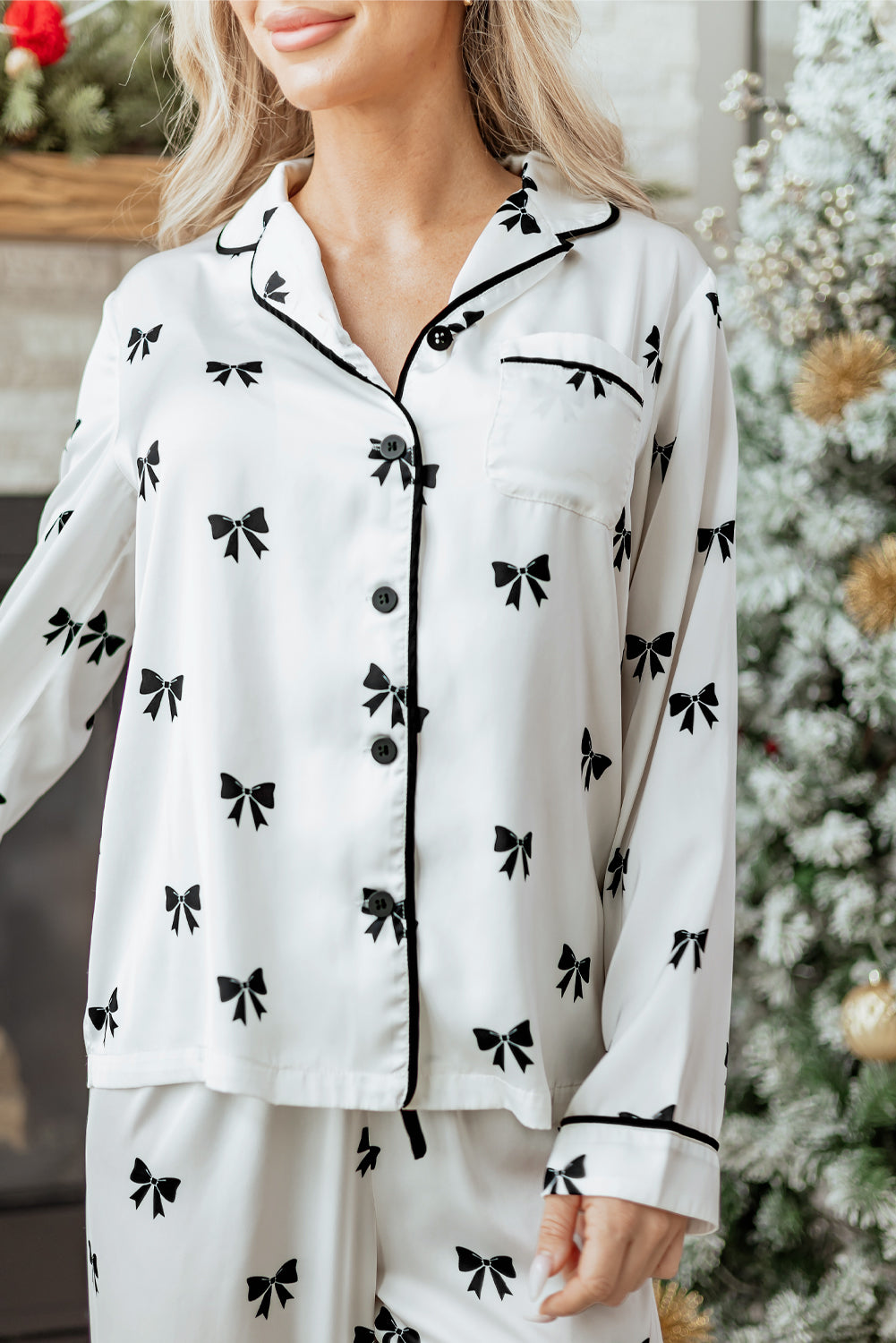 Bow Tie Long Sleeve Top and Pants Pajama Set