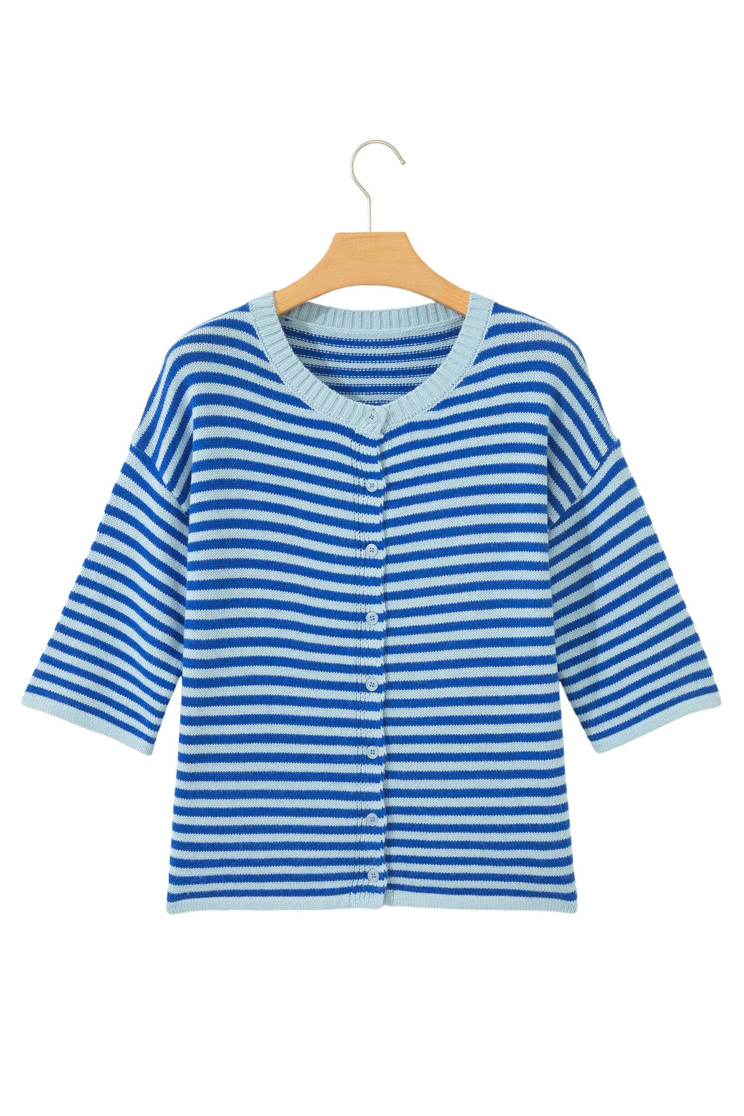 Stripe 3/4 Sleeve Button Down Knit Cardigan