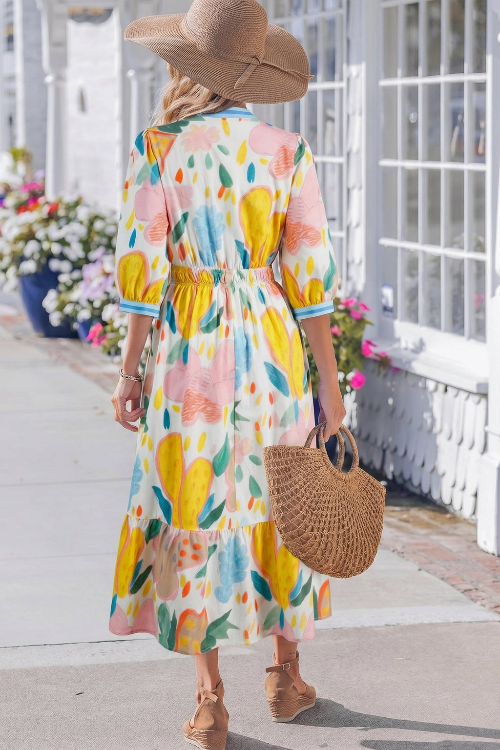 Floral Stripe Trim V-Neck Midi Dress