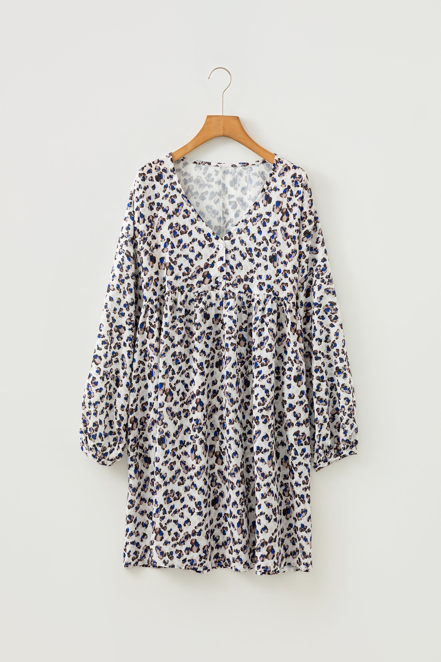 Leopard Buttoned V-Neck Long Sleeve Mini Dress