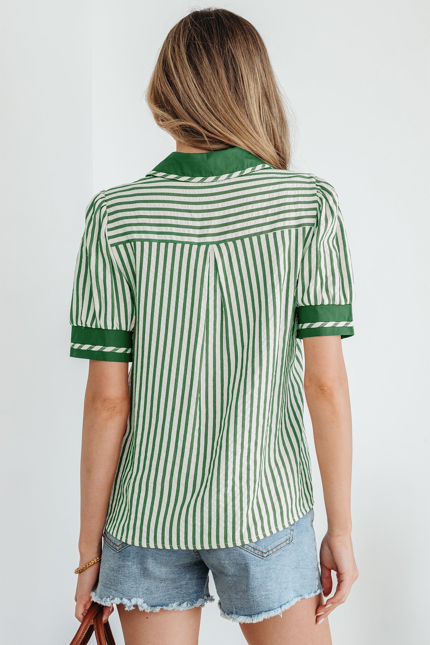 Stripe Collared V-Neck Bubble Sleeve Blouse