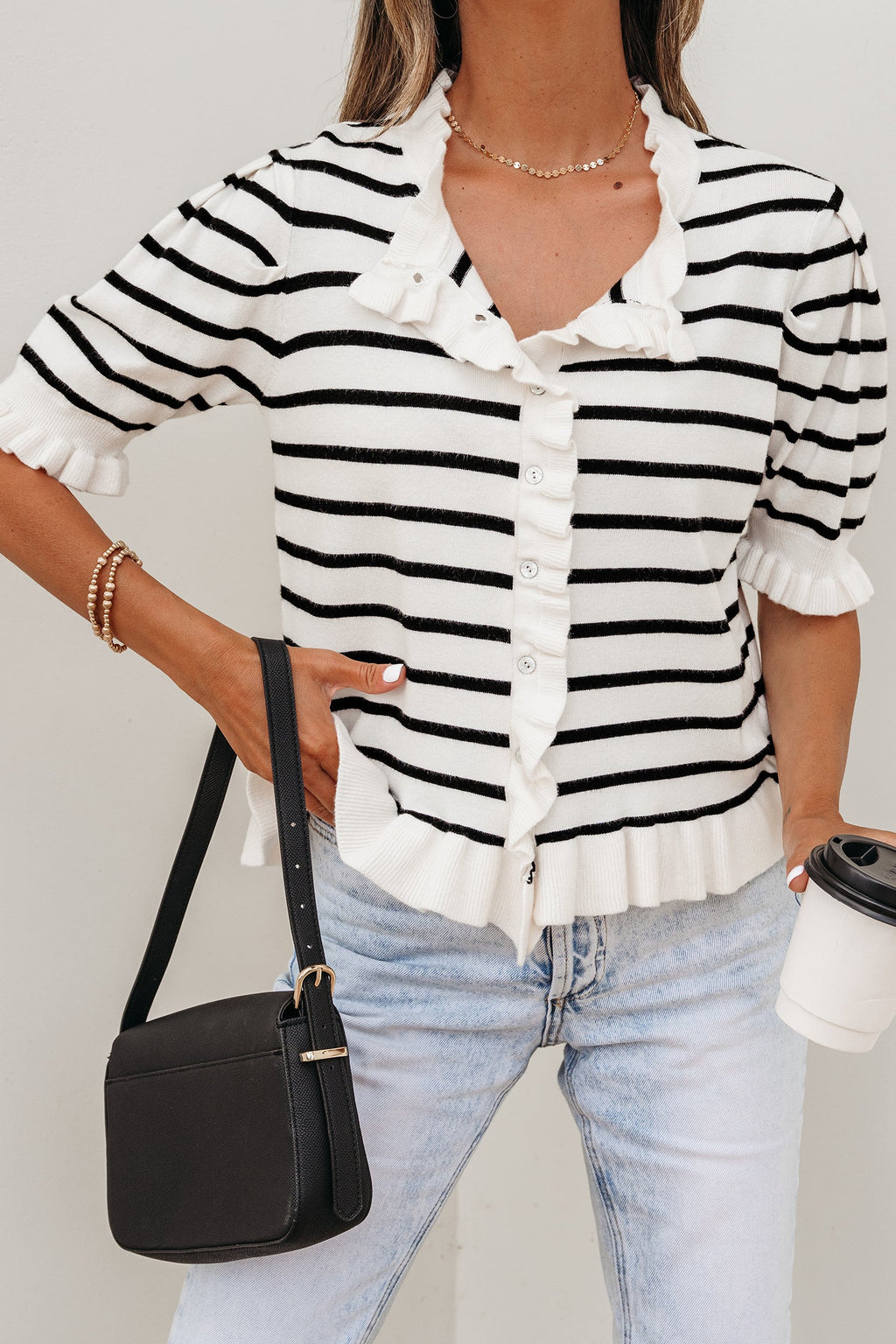 Stripe Ruffle Knit Short Sleeve Buttoned Cardigan