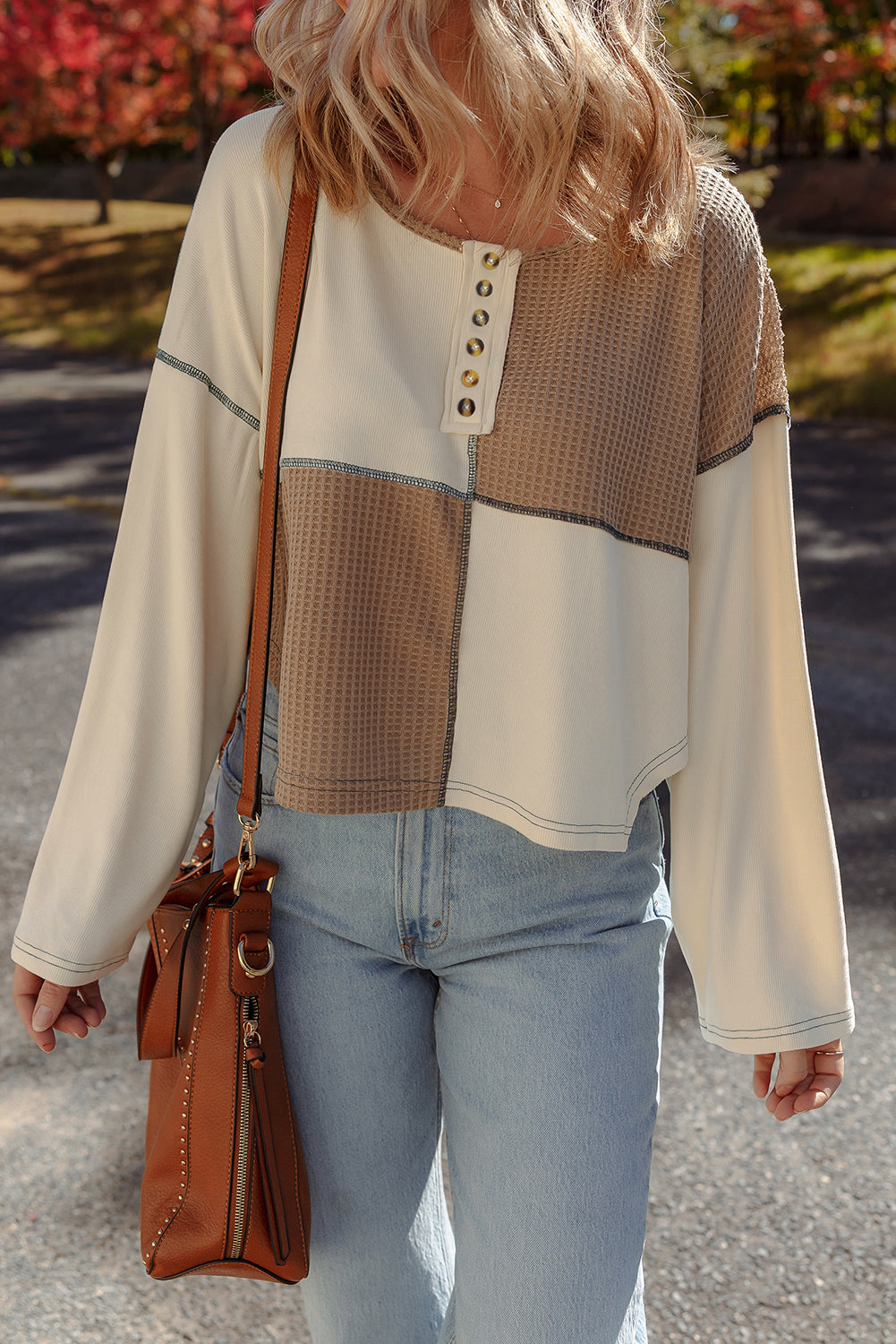 Colorblock Waffle Knit Long Sleeve Top