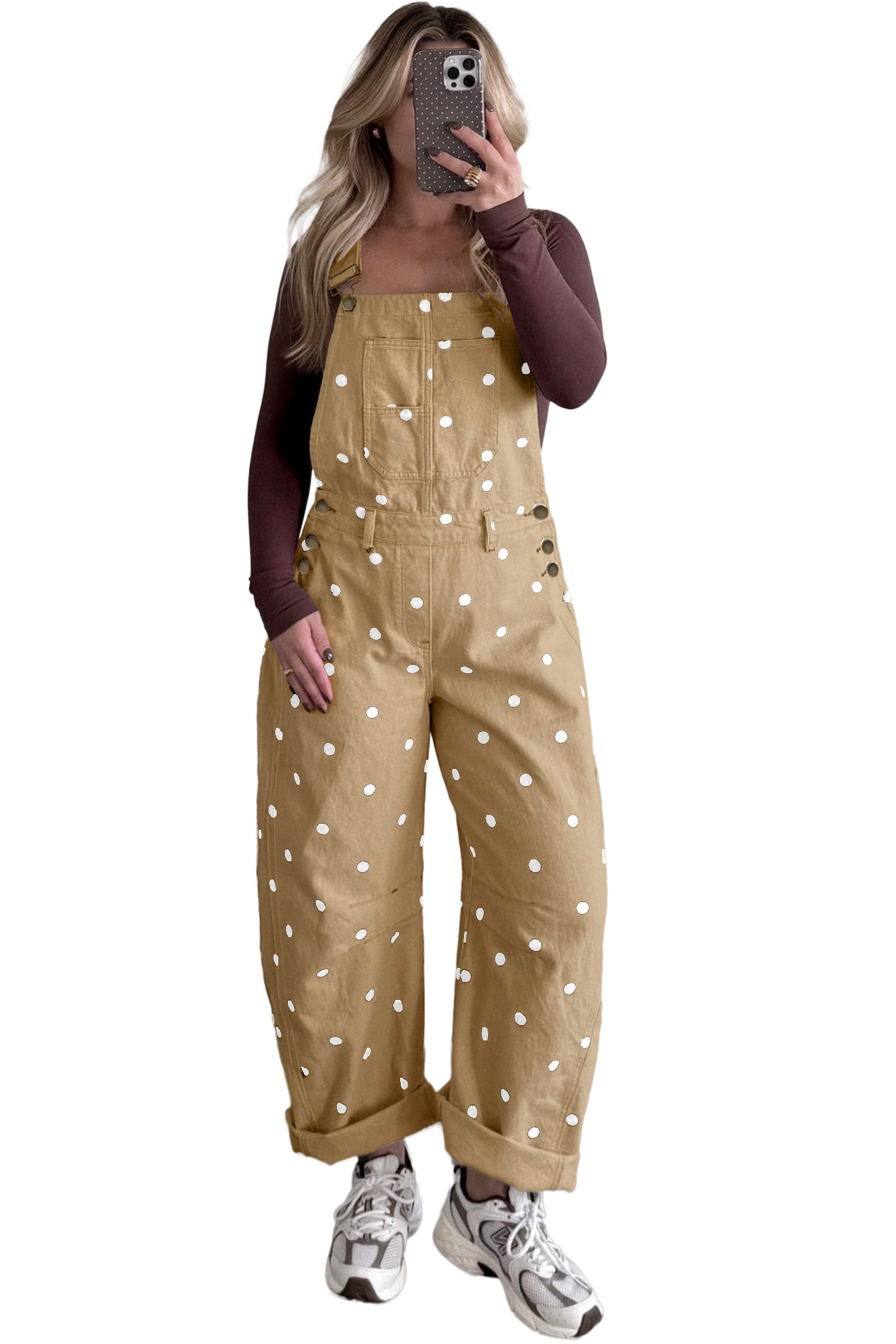 Polka Dot Denim Barrel Leg Overalls Jumpsuit