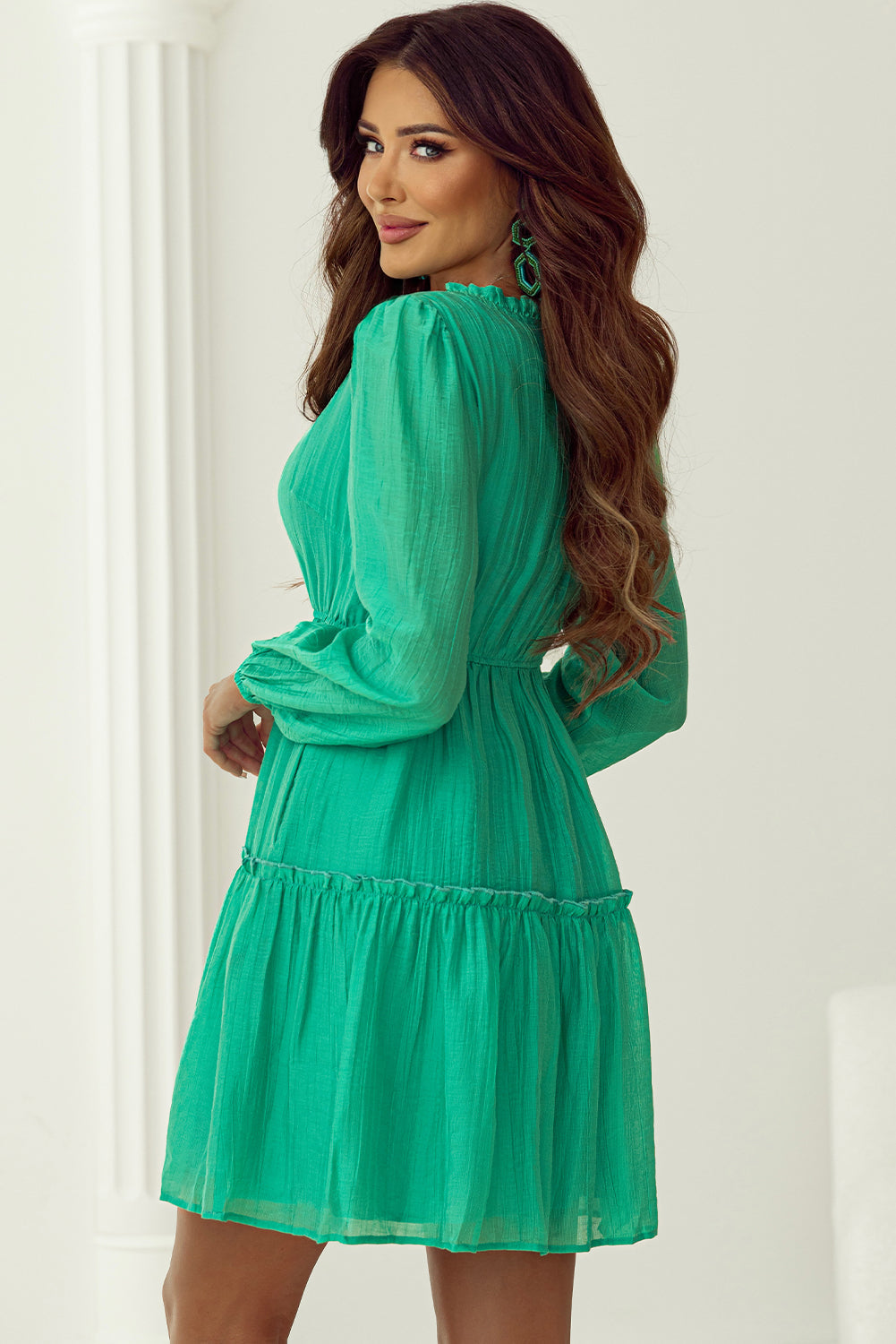 Solid Frilly V-Neck Puff Sleeve Mini Dress