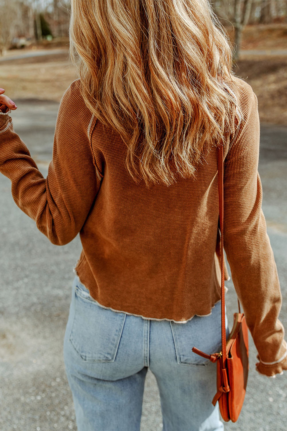 Solid Waffle Knit Round Neck Long Sleeve Top