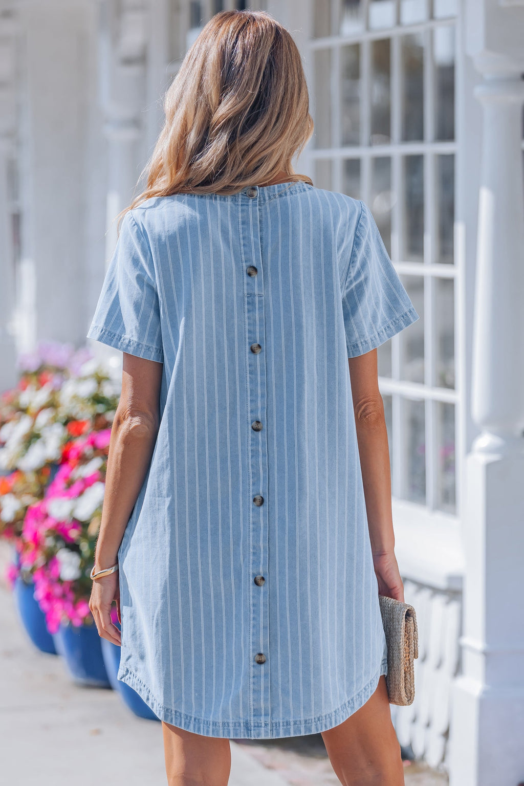 Stripe Denim Buttoned Back Mini T-Shirt Dress