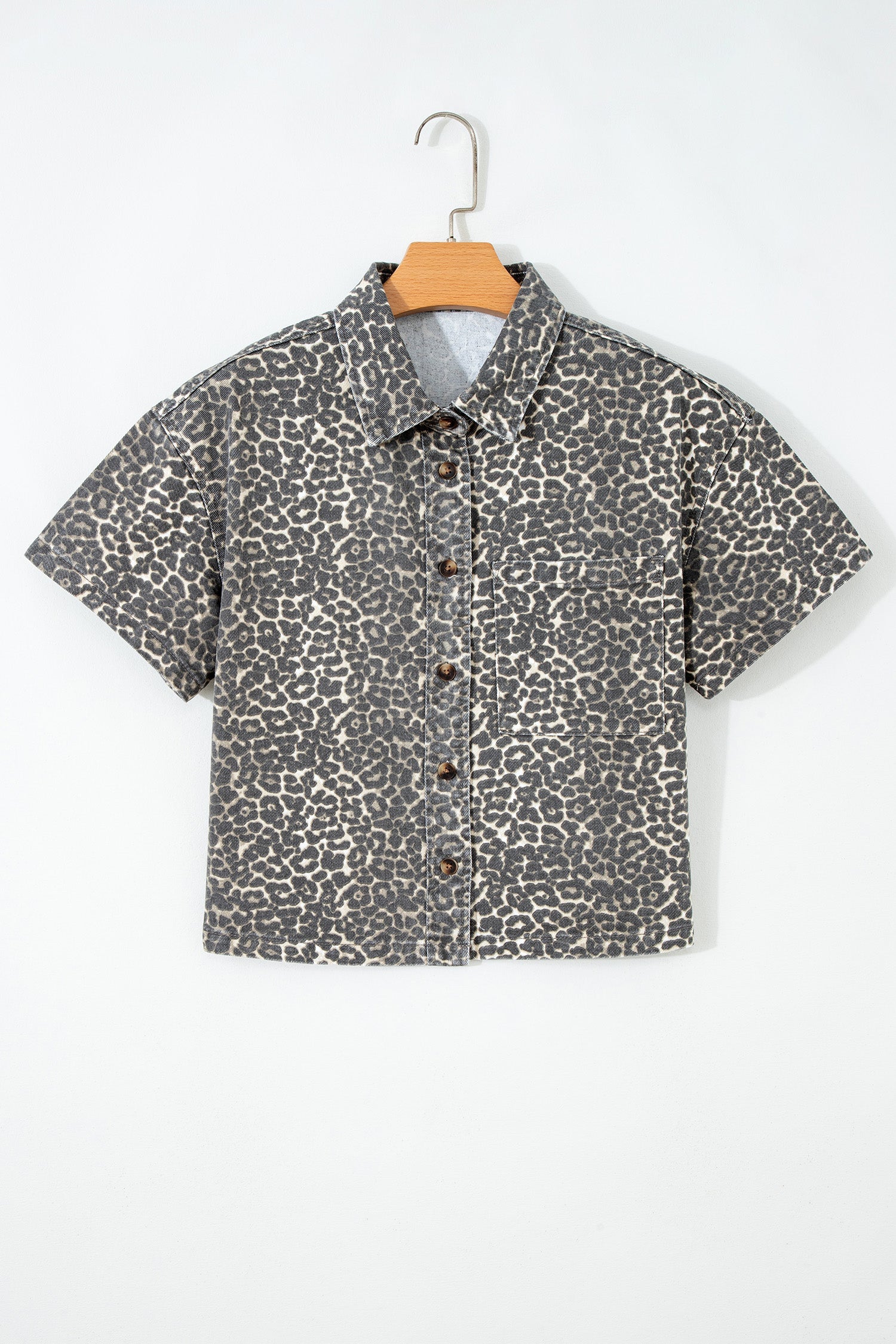 Leopard Denim Short Sleeve Button Up Cropped Shirt