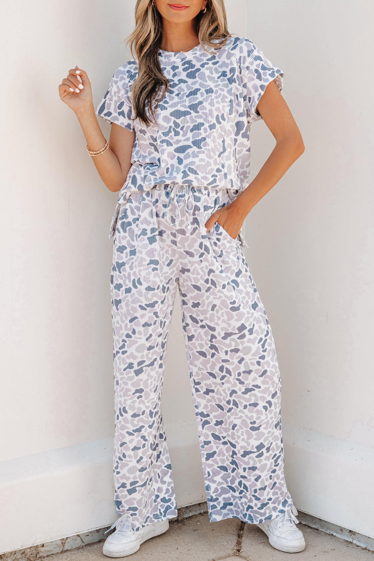 Camo Corded Knit Tee & Drawstring Pants Set