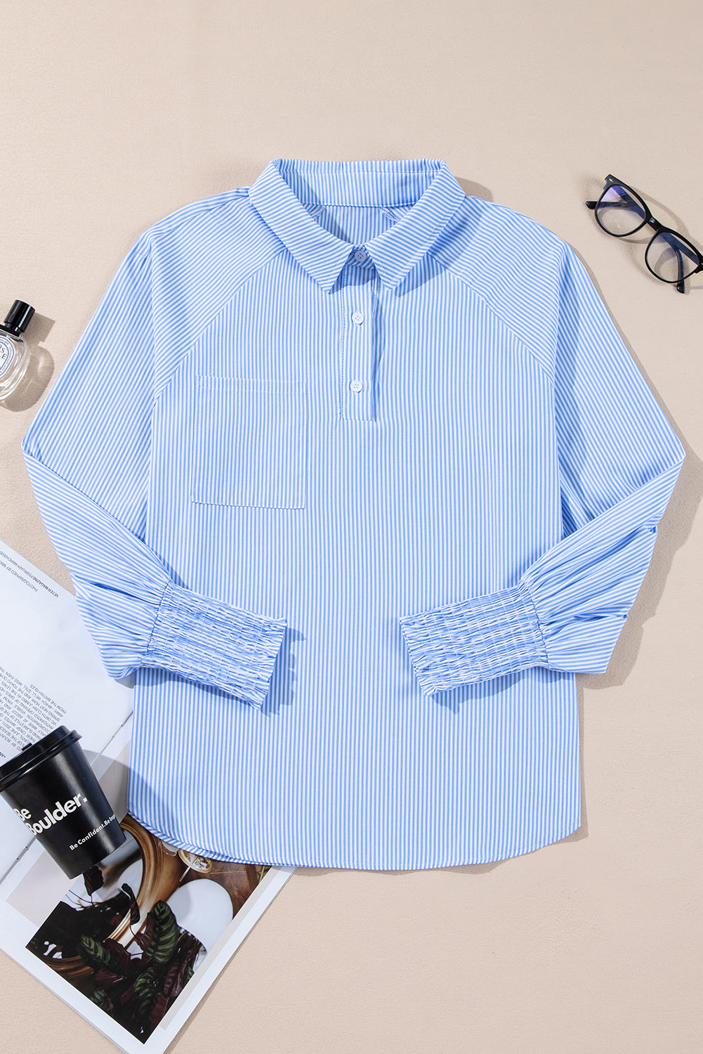 Stripe Buttoned Collar Smocked Long Sleeve Blouse
