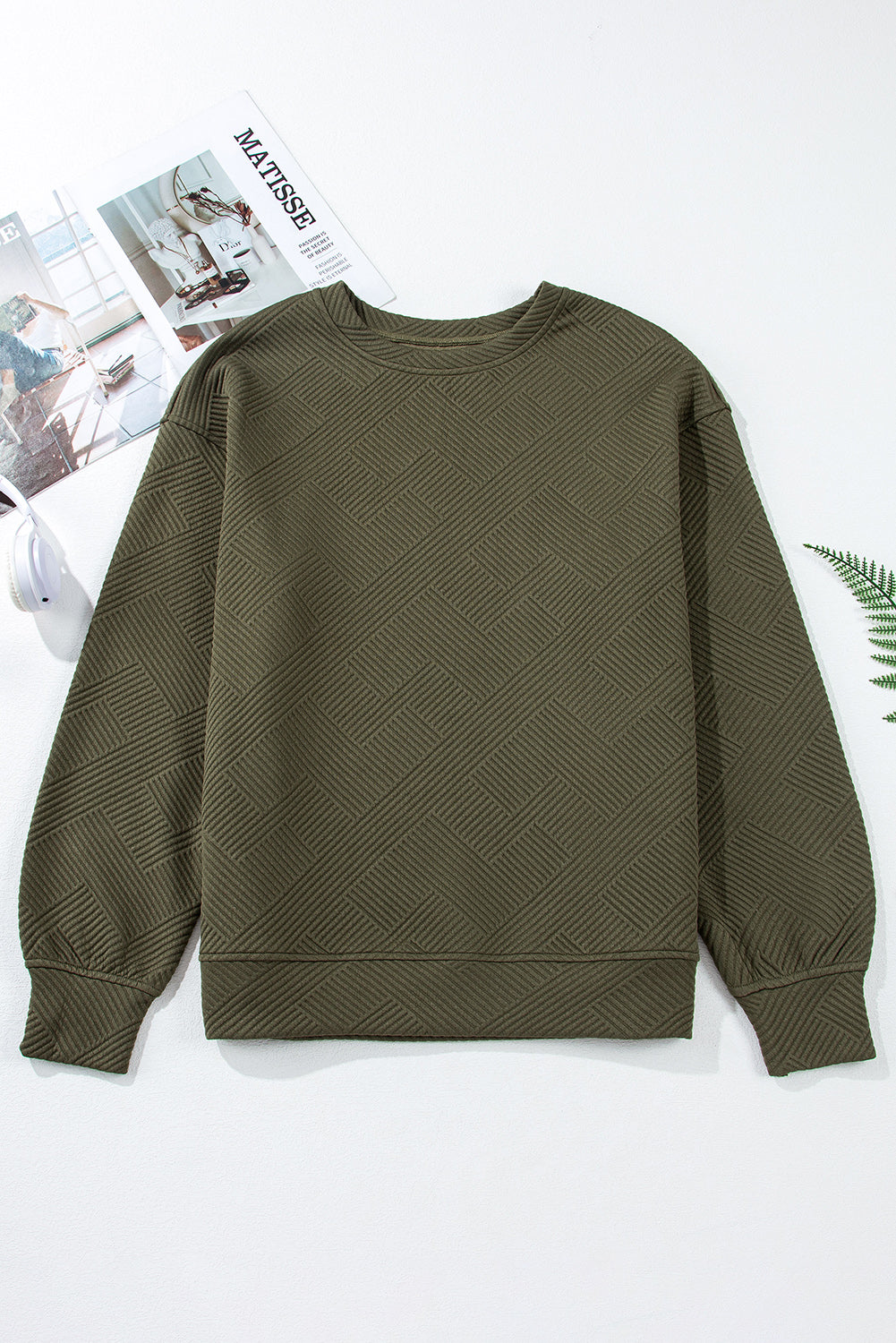 Solid Textured Drop Shoulder Sweatshirt w/ Pockets
