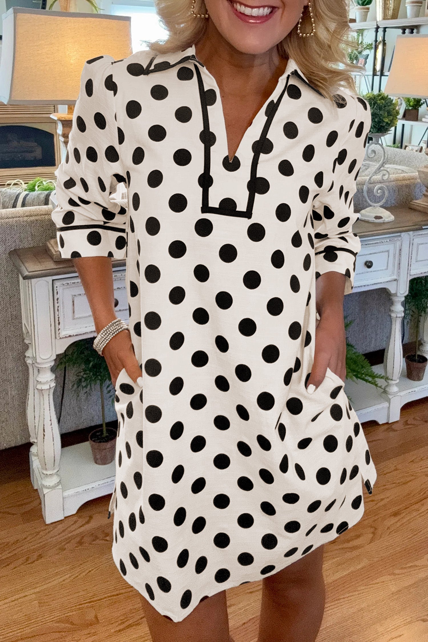 Polka Dot Collar V-Neck 3/4 Sleeve Pockets Mini Dress