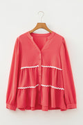 Ricrac Contrast Trim V-Neck Button Down Shirt